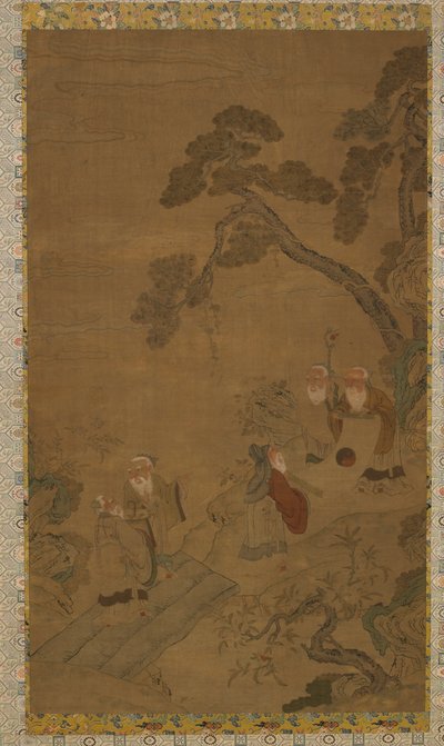 Wandtapijt: vijf wijzen in een tuin onder dennen, Ming-dynastie tot Qing-dynastie, 1368-1911 door Unbekannt