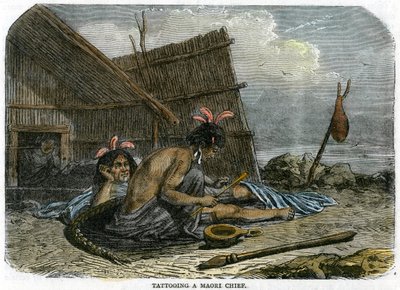 Het tatoeëren van een Maori-hoofdman, Nieuw-Zeeland door Unbekannt