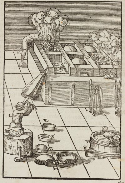 Techniek en instrumenten voor het verwarmen van zilvererts - Gravure uit Beschrijving van mineralen en de belangrijkste mijnbouwmethoden, van Lazarus Ecker door Unbekannt