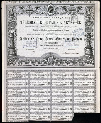 Telegrafie, Algemeen Parijs-New York Telegraaf Aandeelcertificaat, 27 maart 1879 door Unbekannt