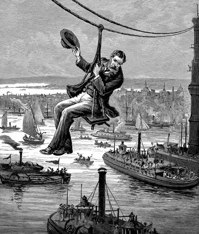 Testen van de kabels op de Brooklyn Bridge, ca. 1900 door Unbekannt