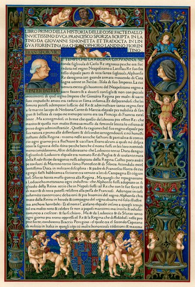Tekstpagina met portretten van Francesco Sforza, 1490 door Unbekannt