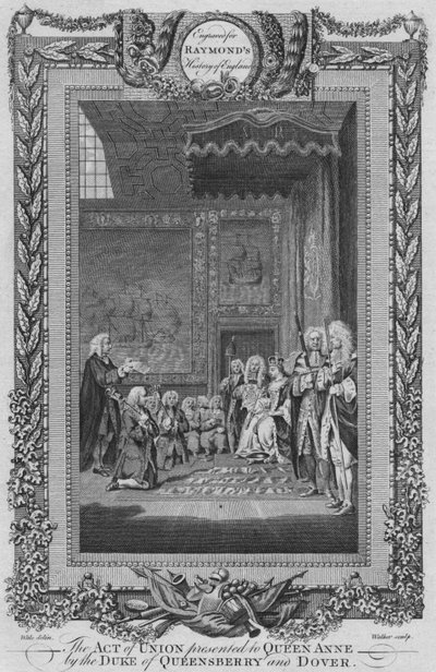 De Act of Union gepresenteerd aan Koningin Anne door de Hertog van Queensberry en Dover, ca. 1787 door Unbekannt
