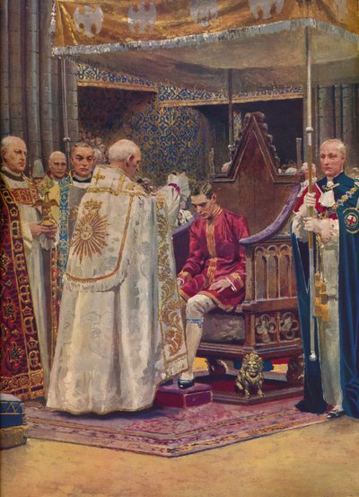 De zalving: De aartsbisschop maakt het kruisteken op het hoofd van de koning, 1937 door Unbekannt
