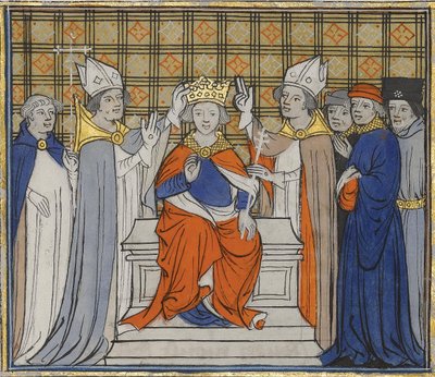 De zalving en kroning van Lodewijk IV in Laon, 19 juni 936. Uit Grandes Chroniques de France door Unbekannt