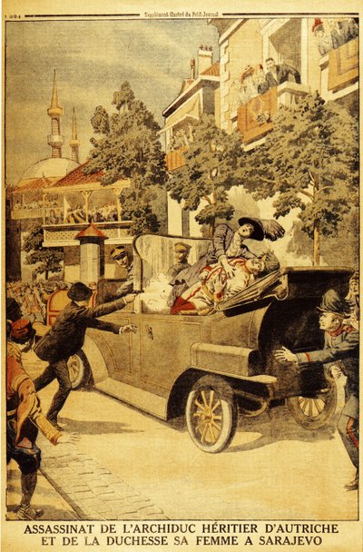 De moord op aartshertog Franz Ferdinand van Oostenrijk en zijn vrouw, hertogin Sophia, door Gavrilo Pr door Unbekannt