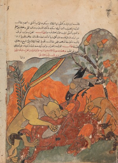 De aanval op de kameel door de leeuw, kraai, wolf en jakhals, folio uit een Kalila, 18e eeuw door Unbekannt