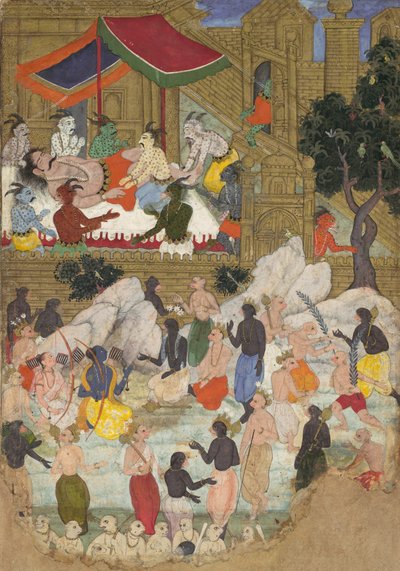 Het ontwaken van Kumbhakarna in de Gouden Stad Lanka, Folio uit een Ramayana, ca. 1605 door Unbekannt