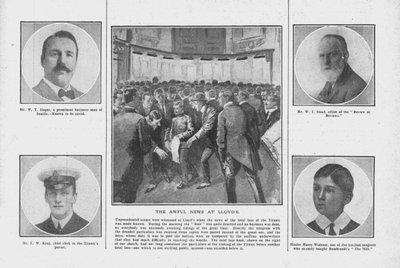 Het verschrikkelijke nieuws bij Lloyds, met portretten van enkele van de opvarenden van de Titanic, 20 april 1912 door Unbekannt
