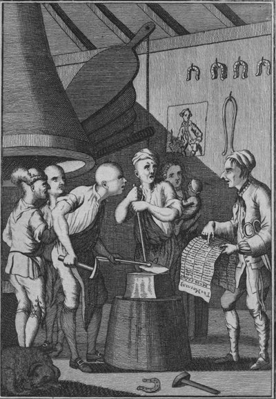De smid laat zijn ijzer koud worden terwijl hij naar het nieuws van de kleermaker luistert, 1772 door Unbekannt