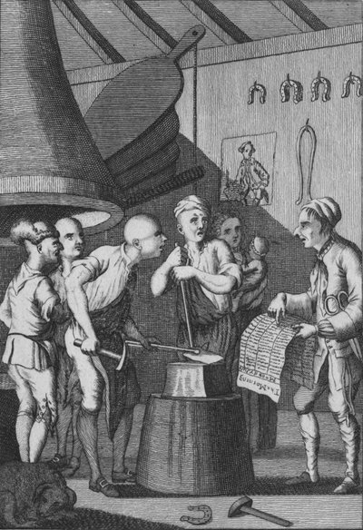 De Smid laat zijn IJzer koud worden terwijl hij naar het Nieuws van de Kleermaker luistert, 1772 door Unbekannt