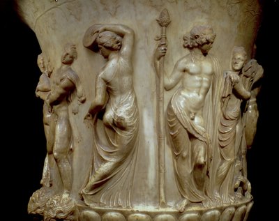 De Borghese Krater of Vaas, detail van reliëf dat Dionysus en zijn maenaden uitbeeldt, Grieks, Neo-Attisch, late 2e eeuw v.Chr. (marmer) door Unbekannt