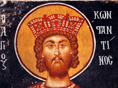 De Byzantijnse Fresco uit de 15e eeuw (Detail): De Keizer Constantijn Muurschildering Michael Aartsengel Kerk in Pedoulas Cyprus Geschilderde kerken UNESCO site Troodos, Cyprus door Unbekannt