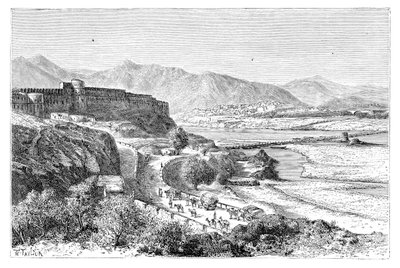 De citadel van Attock en een brug van boten over de Indus, Pakistan door Unbekannt