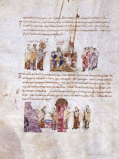 De Raad van Constantinopel Triomf van de Orthodoxie in 843 Miniatuur uit de Madrid Skylitzes door Unbekannt