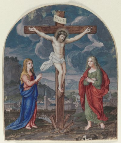 De kruisiging: Miniatuur uitgesneden uit een gebedenboek, c. 1540-1550 door Unbekannt