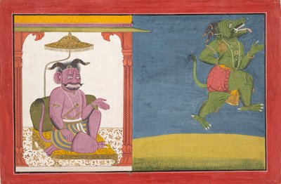 De demon Hiranyaksha vertrekt uit het demon paleis, uit een Bhagavata Purana serie door Unbekannt