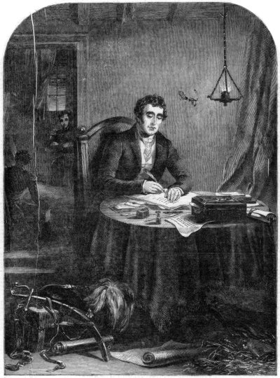 De hertog van Wellington schrijft de verslagen na de Slag bij Waterloo, 1815, 1852 door Unbekannt