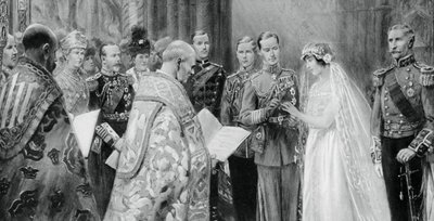 De hertog van York plaatst de ring aan de vinger van Lady Elizabeth Bowes-Lyon, 26 april 1923, 1937 door Unbekannt