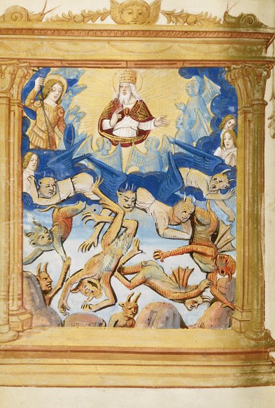 De Val van Lucifer. Uit het Getijdenboek, ca. 1500 door Unbekannt