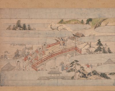 De laatste scène uit Een lang verhaal voor een herfstnacht Aki no yonaga monogatari, ca. 1400 door Unbekannt