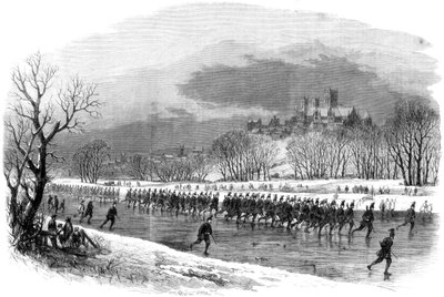 De Eerste Lincolnshire Rifle Volunteers maken een mars langs de rivier Witham op schaatsen, 1861 door Unbekannt
