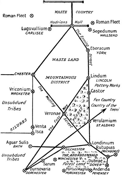 De vier belangrijkste Romeinse communicatielijnen in Groot-Brittannië, 1910 door Unbekannt