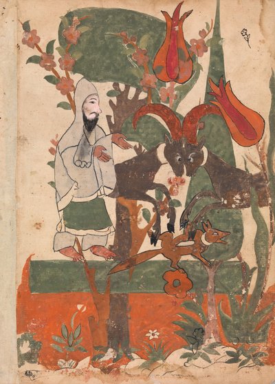 De Vos en de Vechtende Rams Geobserveerd door de Asceet, Folio uit een Kalila wa Dimna door Unbekannt