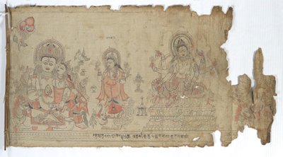 De godin Vasudhara geflankeerd door Kubera en een fragmentarische Durga, gedateerd 1651 door Unbekannt