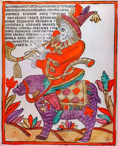 De nar Farnos de rode neus, Lubok print, 18e eeuw door Unbekannt