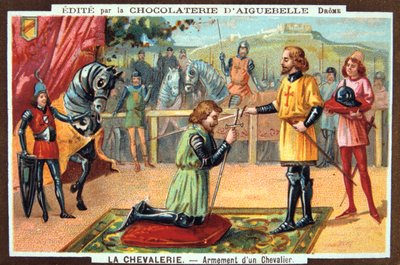 De ridders - Een ridder tot ridder slaan, Middeleeuwen. 19e eeuw. Kleur lithografie. Privécollectie door Unbekannt