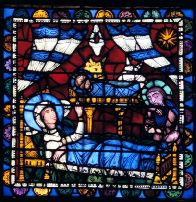 De geboorte van Christus, glas-in-lood, kathedraal van Chartres, Frankrijk, 1194-1260 door Unbekannt