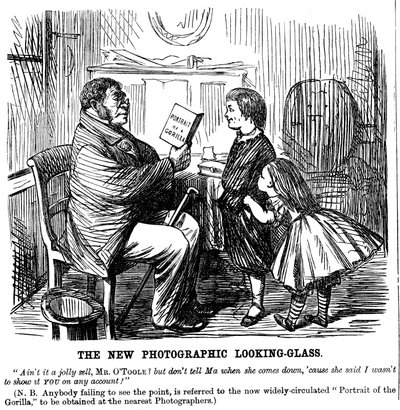 De nieuwe fotografische spiegel, cartoon uit Punch, dagelijks bewijs van de oorsprong van de mens, 1861 door Unbekannt
