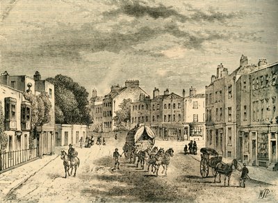 Het oude dorp Vauxhall, met ingang naar de tuinen, in 1825, ca. 1878 door Unbekannt