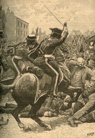 Het Peterloo Bloedbad: huzaren die de mensen aanvallen, Manchester, 1819 c1890 door Unbekannt