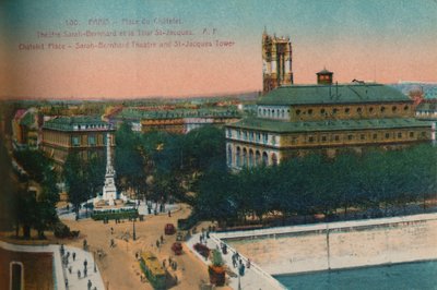 De Place du Châtelet - Théâtre Sarah-Bernhardt en de Tour Saint-Jacques, ca. 1920 door Unbekannt