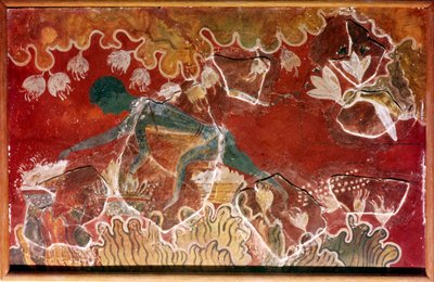 De saffraanoogster fresco uit het Minoïsche koninklijk paleis, Knossos, Kreta door Unbekannt