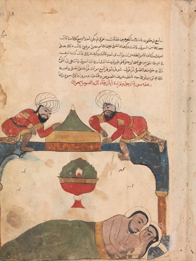 De dieven op het dak wekken de koopman, Folio van een Kalila wa Dimna, 18e eeuw door Unbekannt