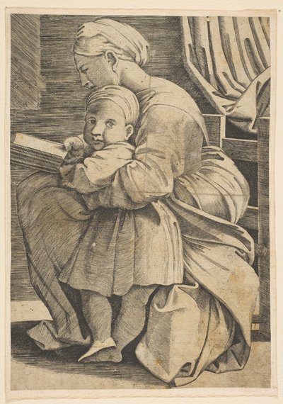 De Maagd lezend met het kind Christus, vrouw zittend in profiel naar links door Unbekannt