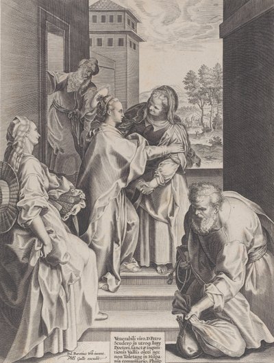 De Visitatie, de Maagd en Sint-Elizabeth omhelzen elkaar in het midden, geflankeerd door andere f..., 1589 door Unbekannt