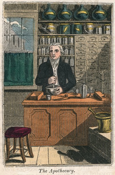 De apotheker die een vijzel en stamper gebruikt om medicijnen te bereiden door Unbekannt