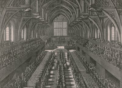 Het banket in de Grote Zaal van het Palace of Westminster...kroning van James II in 1685 door Unbekannt