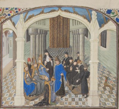De kroning van Boudewijn II in 1118. Miniatuur uit de Historia door Willem van Tyrus, 1460s door Unbekannt