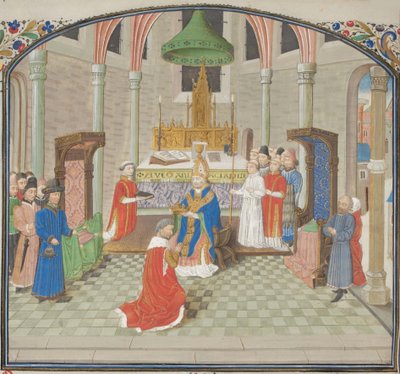 De kroning van Boudewijn I op Eerste Kerstdag 1100. Miniatuur uit de Historia door Willem van Tyrus, 1460s door Unbekannt