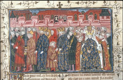De kroning van Philippe II Auguste in aanwezigheid van Hendrik II van Engeland uit de Chroniques de France ou de St Denis, na 1380 door Unbekannt