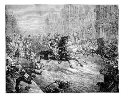 De staatsgreep, lansiers die de menigte aanvallen op de boulevards van Parijs, 19e eeuw door Unbekannt