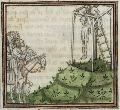 De executie van Enguerrand de Marigny. Uit Grandes Chroniques de France, 14e eeuw door Unbekannt