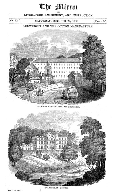 De eerste katoenspinnerij in Cromford, Derbyshire, en het huis van Richard Arkwright, 1836 door Unbekannt