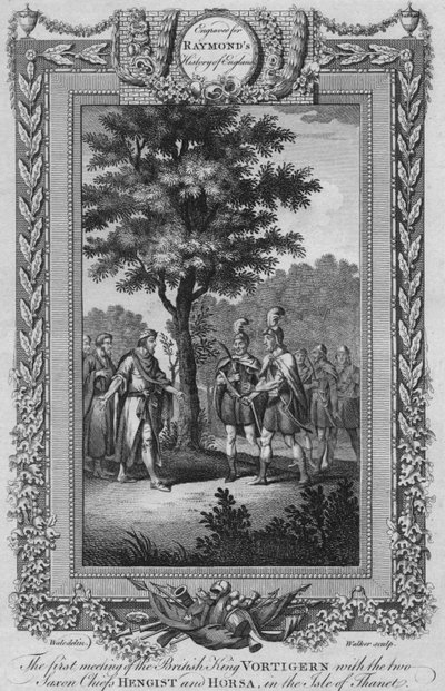 De eerste ontmoeting van de Britse koning Vortigern met de twee Saksische hoofden Hengist en Horsa door Unbekannt