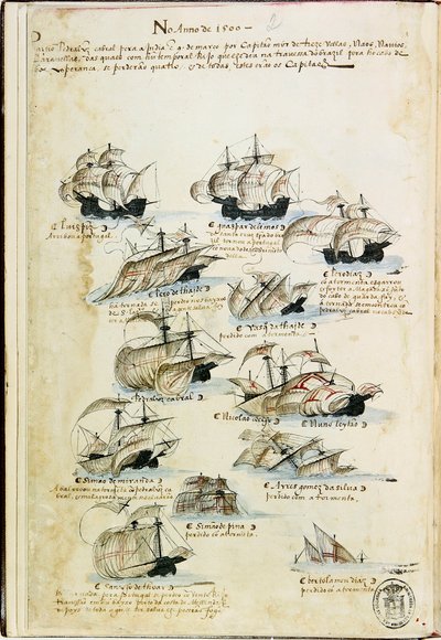 De vloot van Pedro Álvares Cabral in 1500. Uit Livro das Armadas, ca. 1568 door Unbekannt
